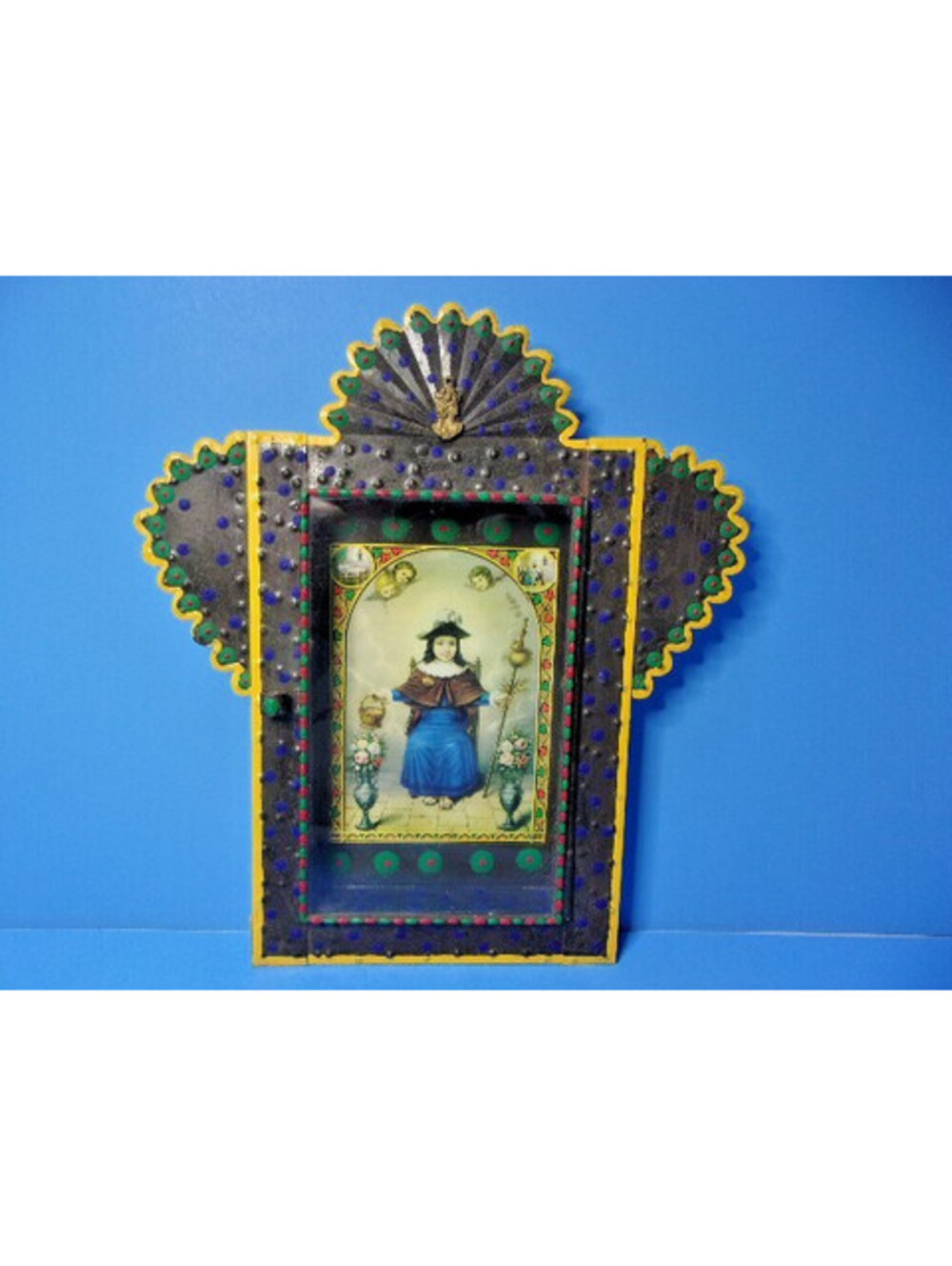 Vintage Mexican Folk Art Tin Shadow Box Nicho Santo Nino de Atocha Litho Rustic